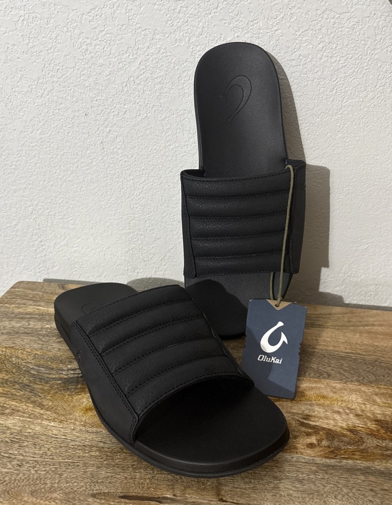 Men's Olukai Maha 'Olu Black Slide Sandals Size 9 Brand New