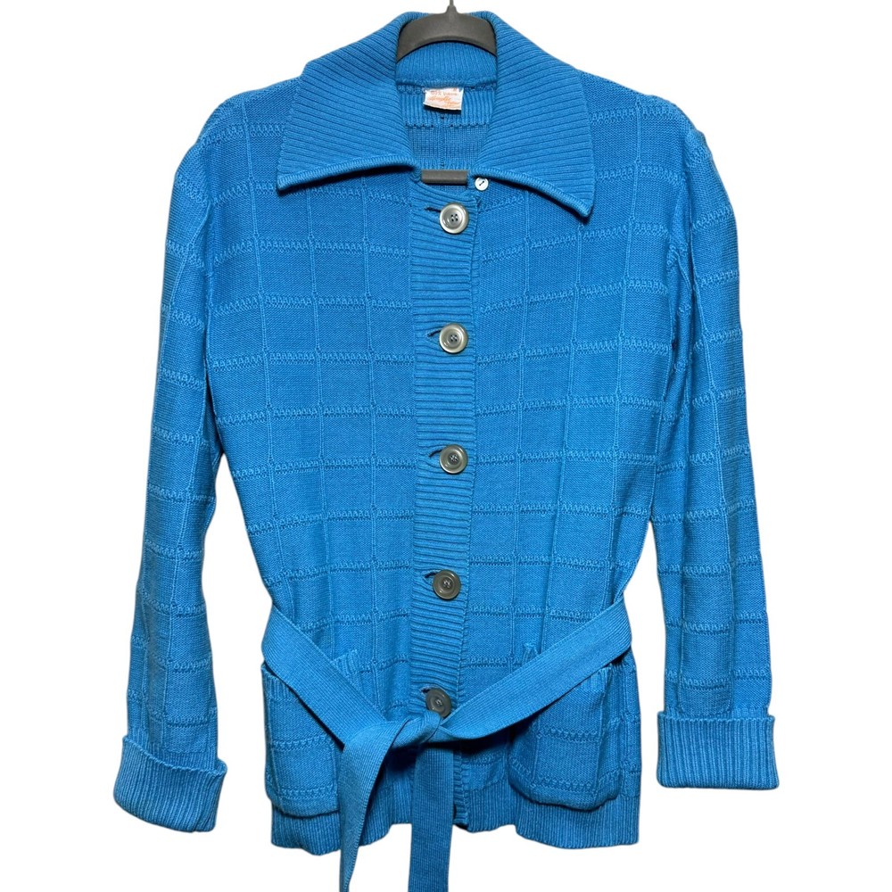 Vintage 90s Romanian Cardigan Sweater Jumper Medium Windowpane Belted Button Y2K