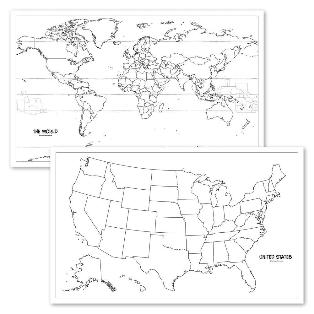 2 Pack - USA & World Map Blank Outline Posters - LAMINATED, 18