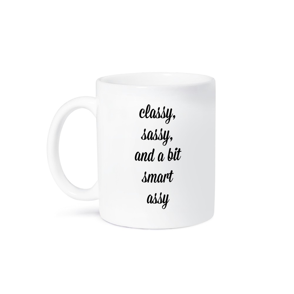 3dRose, classy sassy and a bit smart assy black script letters on white, Mug