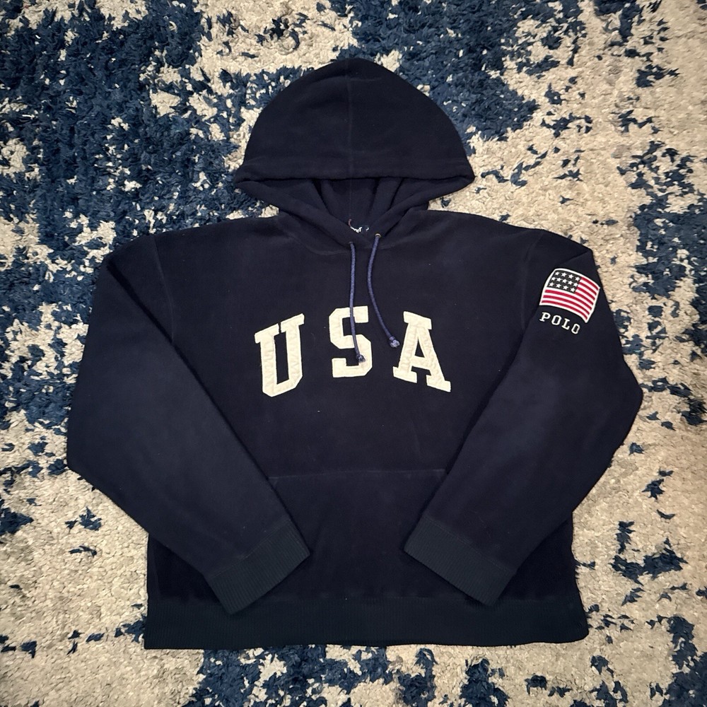 Vintage Ralph Lauren Polo Sport Fleece Hoodie Pullover Large Mens USA Spell Out