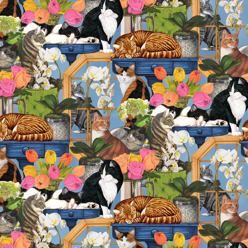 WHISKERS AMONG PETALS CATS BY WINDOWS BY BLANK KITTEN PET COTTON FABRIC HALF YD