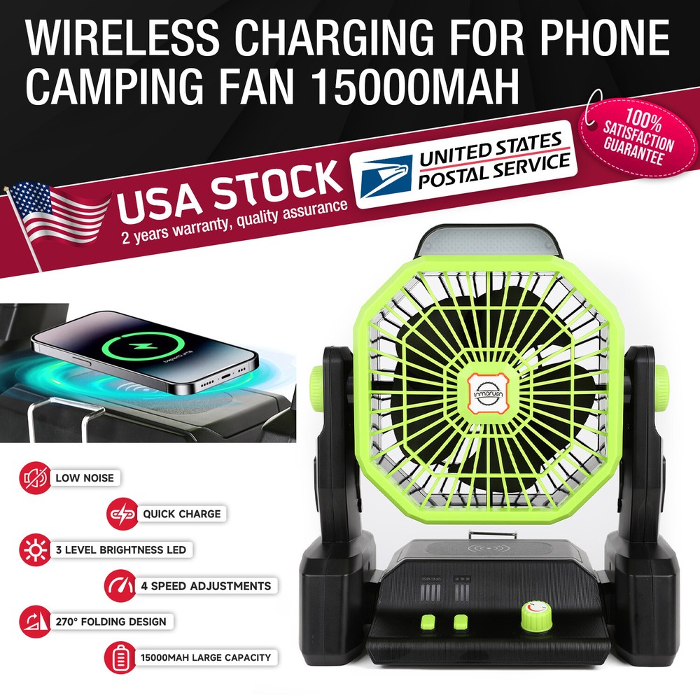 1Pc Camping Fan Rechargeable with Wireless Charger,15000mAh Portable Battery USA