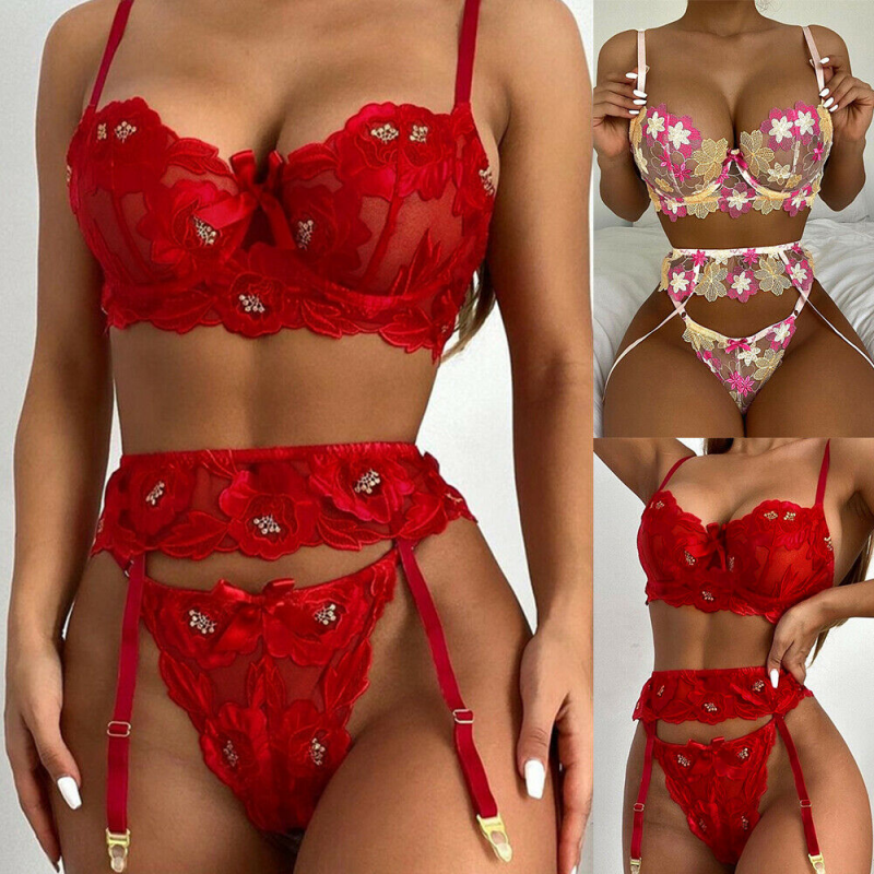 Women Floral Lace Sexy Bra Set Lingerie Ladies Babydoll 2PCs Nightwear Underwear
