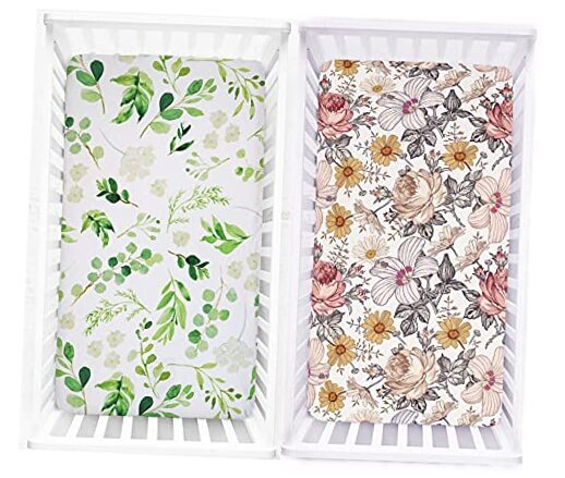 Crib Sheet Set 100% Jersey Cotton, Fitted Green Leaves Floral Crib Sheet Set