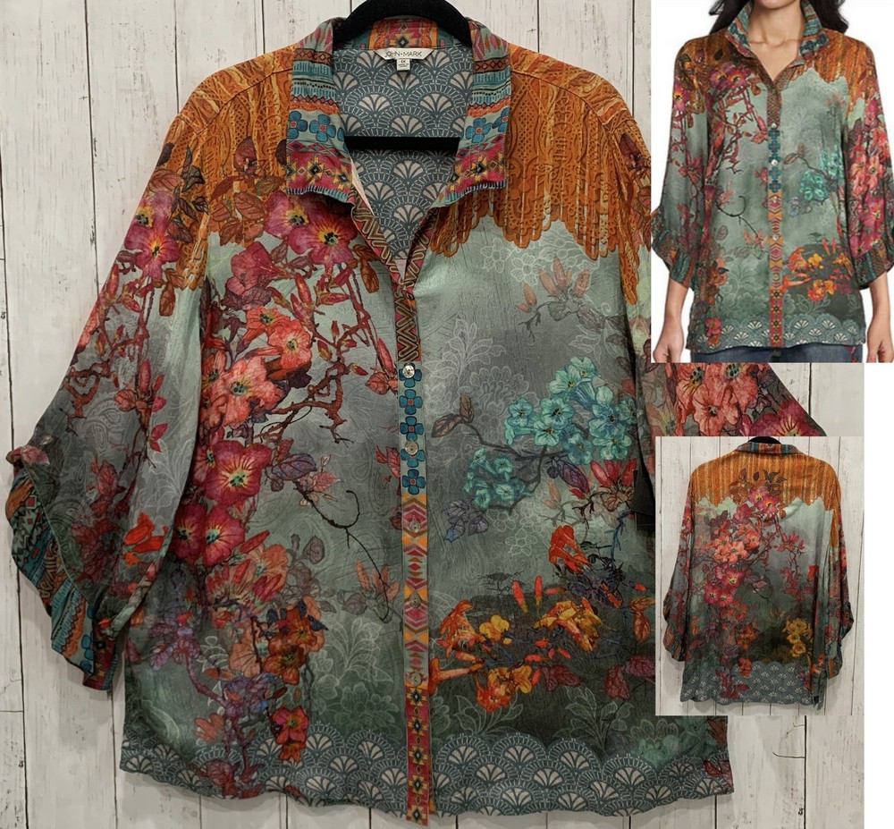 John Mark Plus 1X Ruffle 3/4 Sleeve Top Wired Collar Button Front Boho Floral