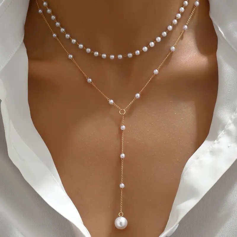 Women Double Necklace Pearl Necklace Tassel Layered Collarbone Pendent US STOCK