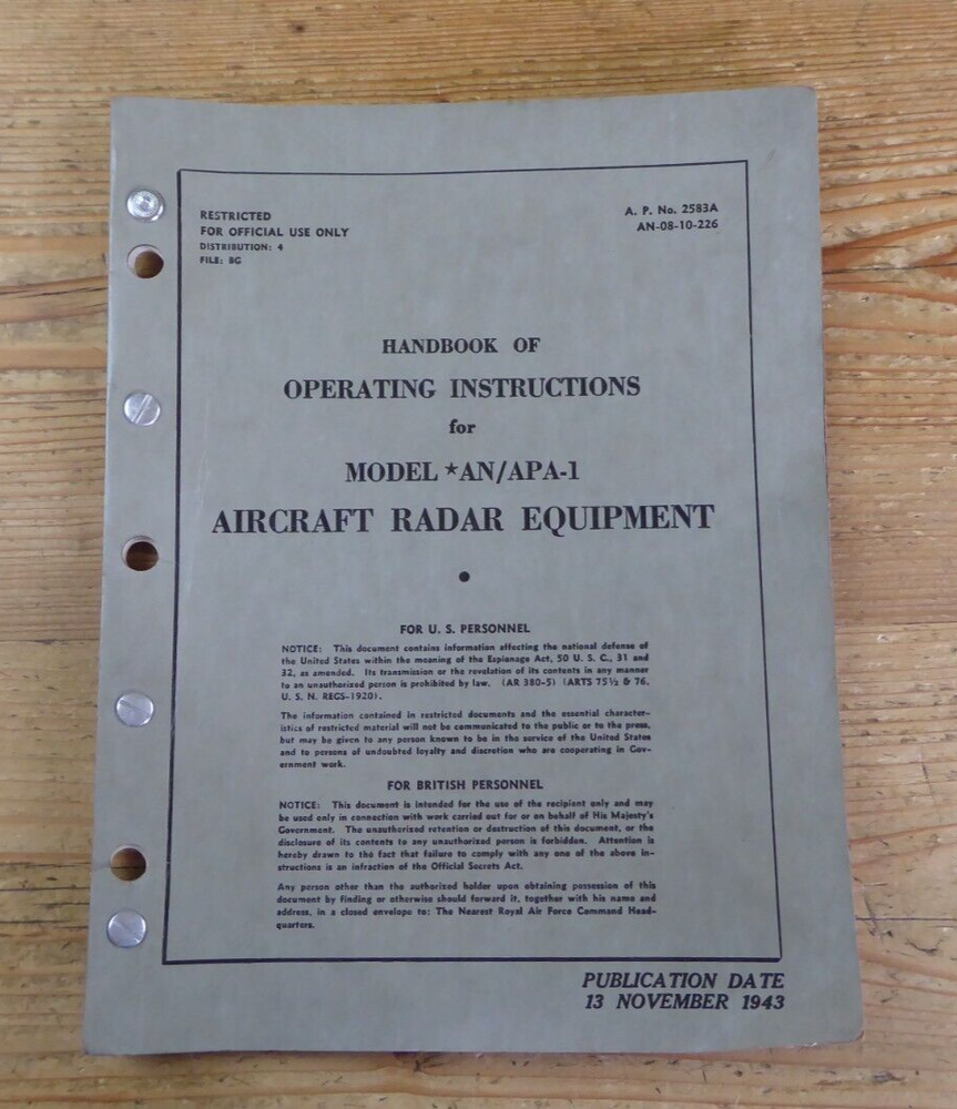 1943 Aircraft Radar Equipment Official Operating Handbook UK & USA