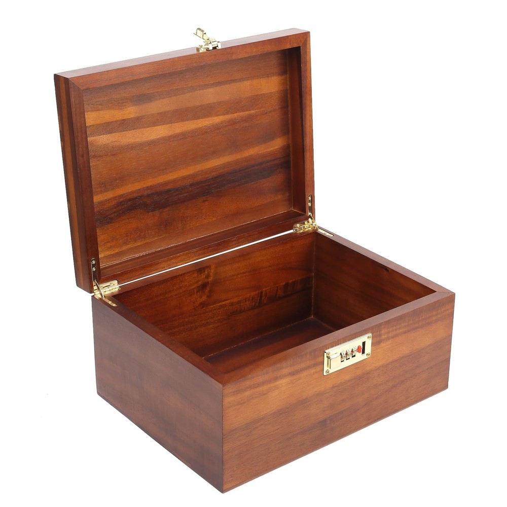 Large Acacia Wood Storage Box with Combination Lock - 12.5 Inch Keepsake Organizer