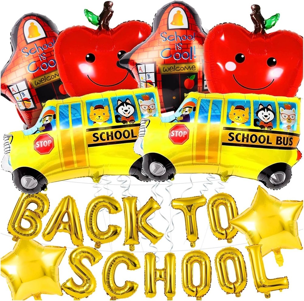 20Pcs Back to School Balloons Set with School Bus and Apple Foil Designs-image