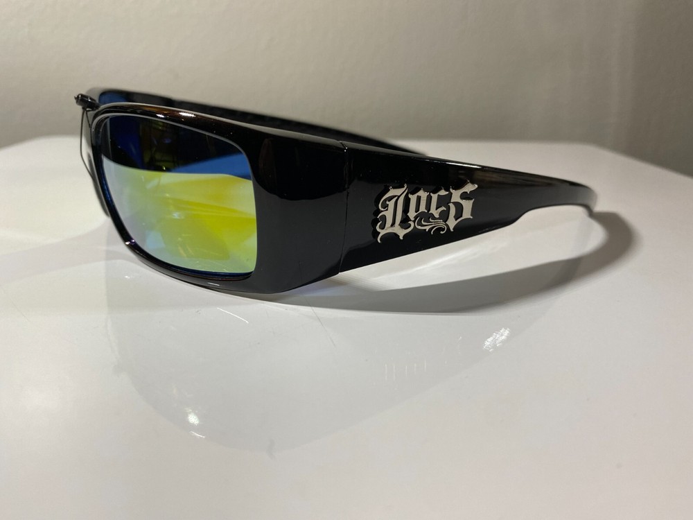 Men's black frame wrap sunglasses with yellow reflective lenses
