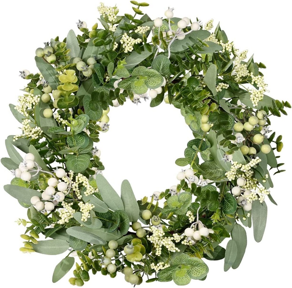Farmhouse Green Eucalyptus Leaf Wreath with Boxwood and Large Berries for Outdoor Decor