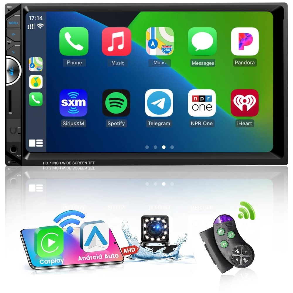 7 Inch Double Din Car Stereo with Apple CarPlay HD Touch Screen Bluetooth USB-image