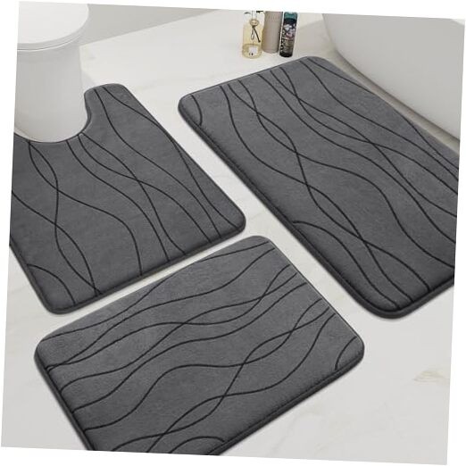 Memory Foam Bathroom Rug Set of 3 - Ultra Soft Absorbent Dark Grey Non-Slip Mats