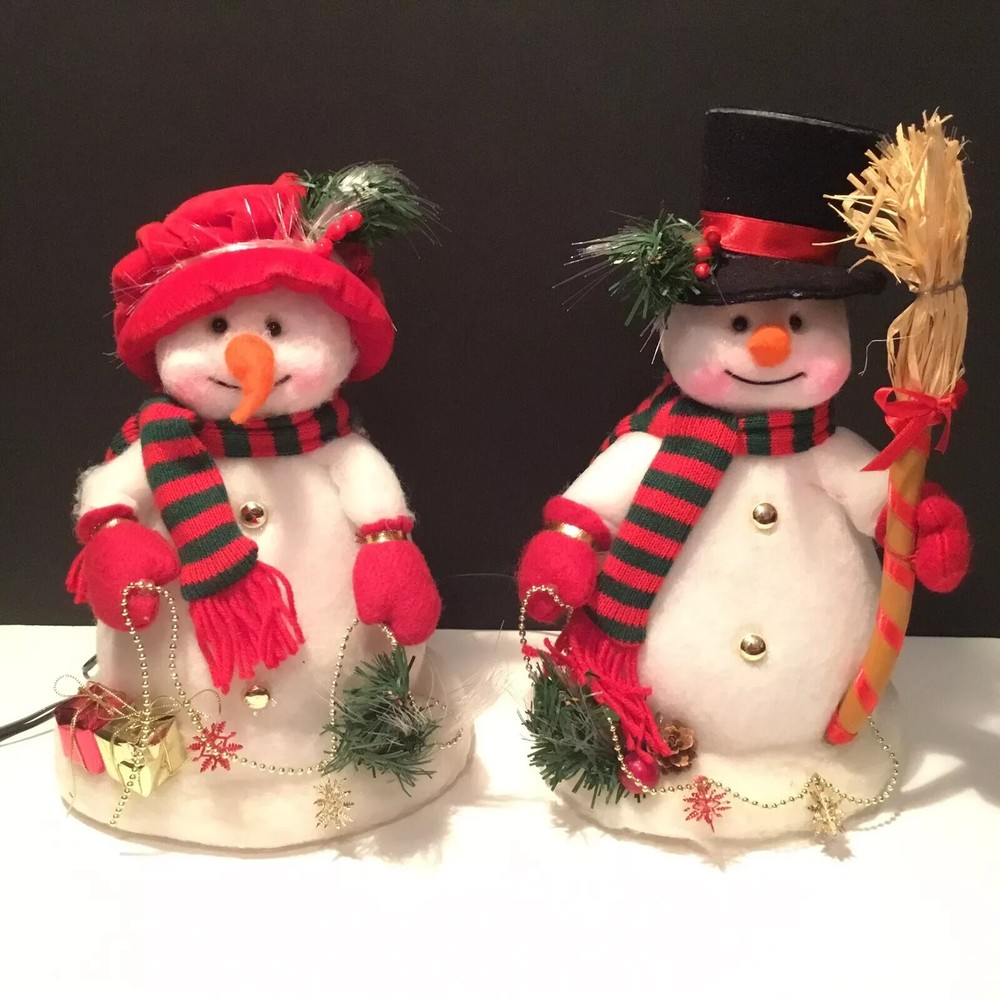 RARE MR. & MRS. SNOWMAN FIBER OPTICS COLOR CHANGING LIGHTED 12