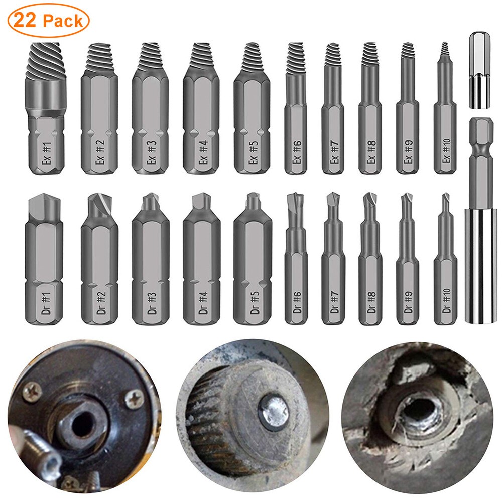 22PC Drill Bait Damaged Screw Extractor Steel Screw Socket Set Bolt Removal