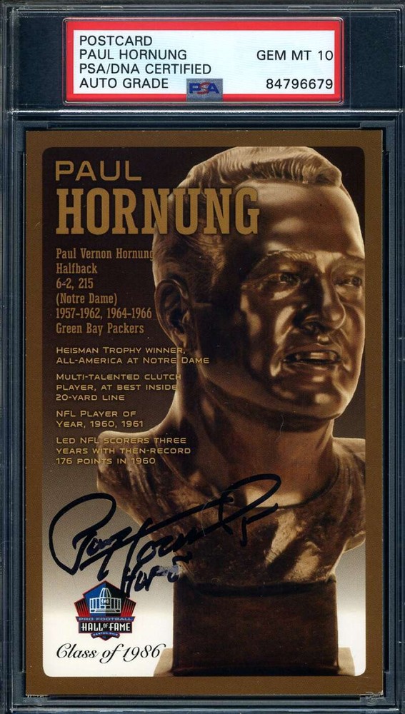 Paul Hornung Gem Mint 10 PSA DNA Signed HOF Bronze Bust Postcard Autograph