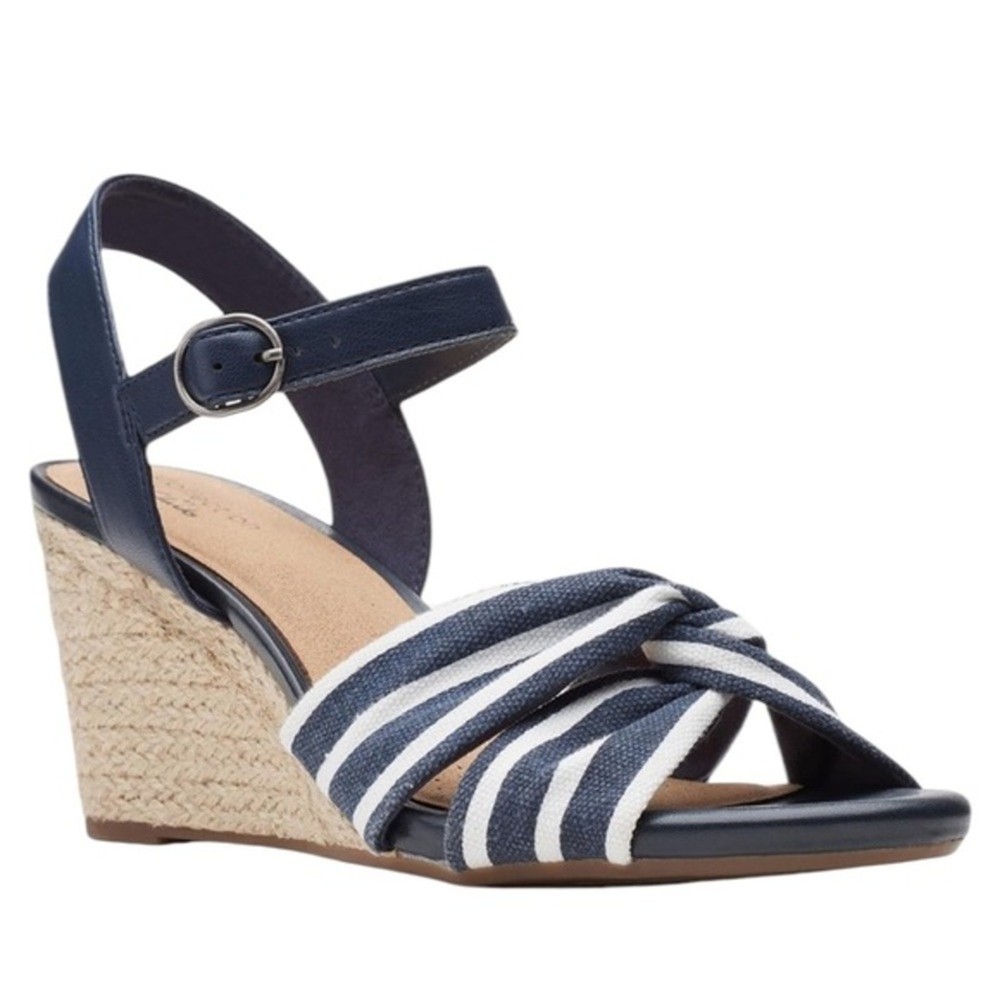 NWOT Clarks Womens Margee Beth Navy White Marine Wedge Sandal Size 9W