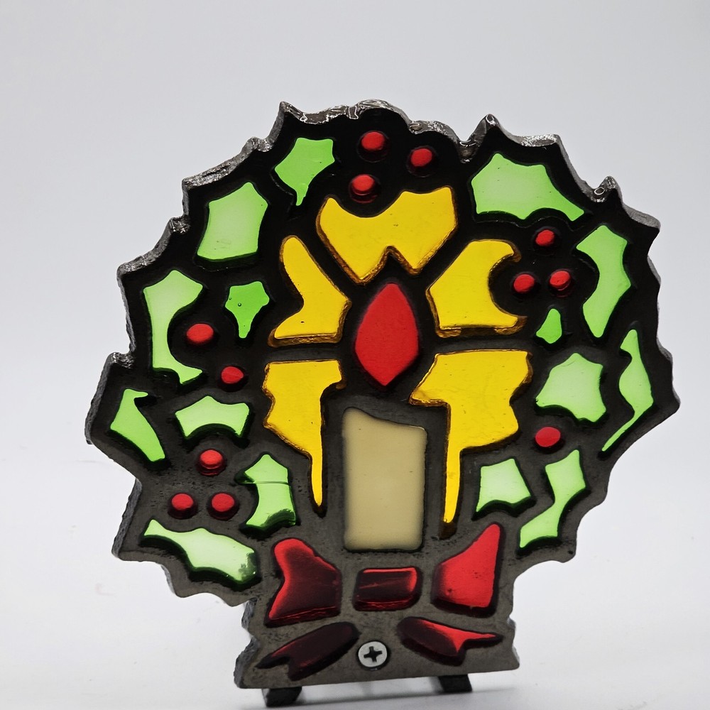 Christmas Cast Iron Stained Glass Wreath and Candle Vtg Tea Light Votive Holder