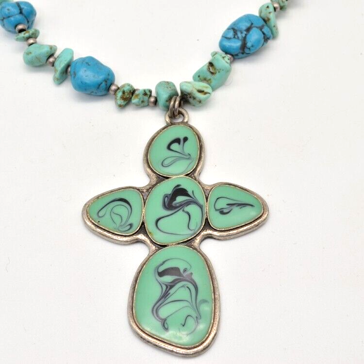 Nes Signed Necklace Cross Artistic Enamel Cross Semi Precious Stones A16
