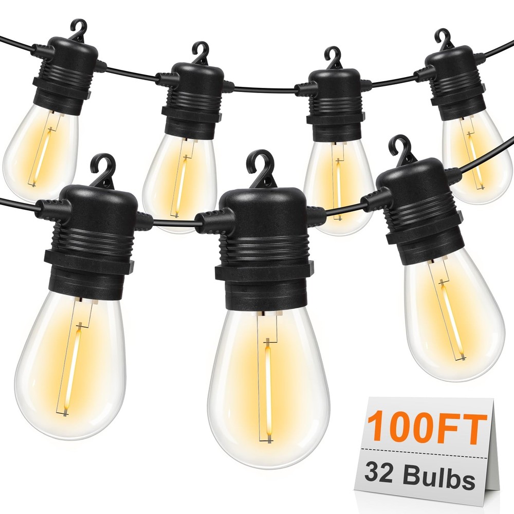 100FT Commercial Grade LED Outdoor String Lights with 32 Shatterproof Bulbs for Patio