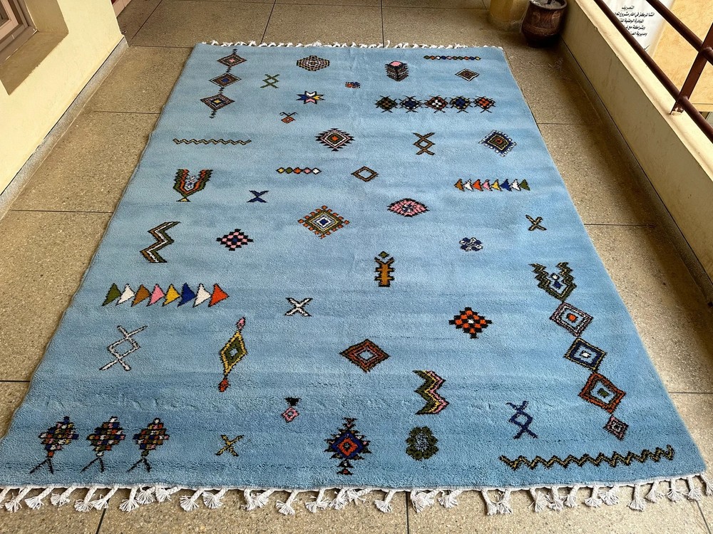 Moroccan Beni Ourain Berber Wool Rug Color Blue Multi Handmade Design Carpet Rug