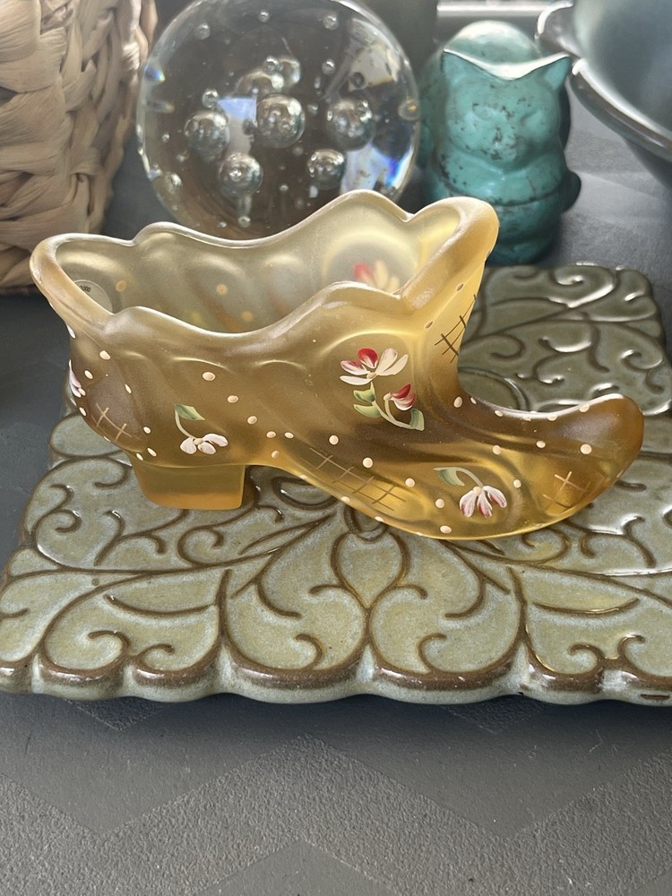 Fenton Art Glass Satin Golden Amber Hand Painted Shoes Bootie Slipper SIGNED VTG