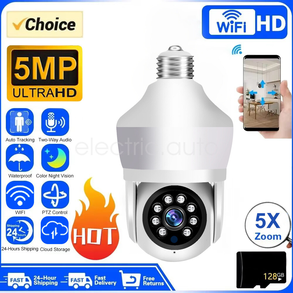 E27 Light Bulb WiFi Camera 5MP HD 5X Zoom CCTV Home Security Cam Night Vision CN