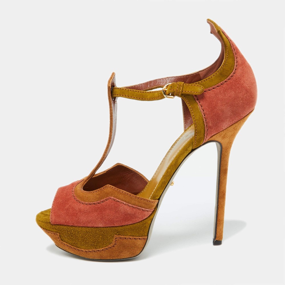 Sergio Rossi Tri Color Suede Platform Ankle Strap Sandals Size 385
