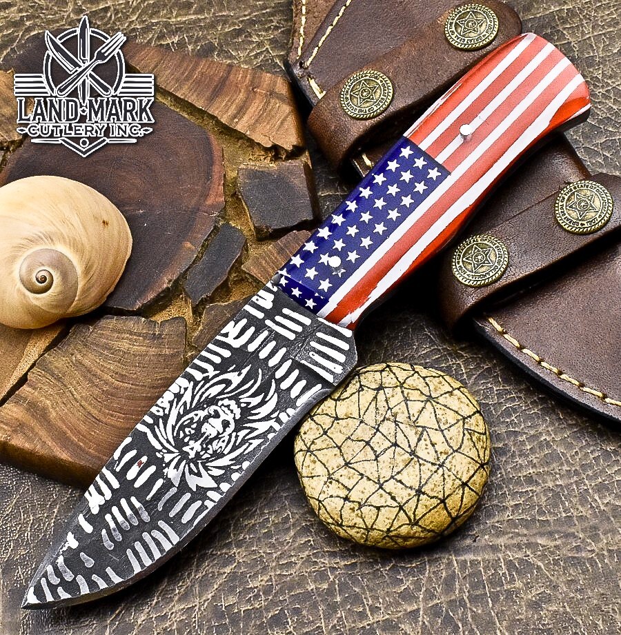 Custom Damascus Hunting Skinner Knife with USA Flag Wood Handle
