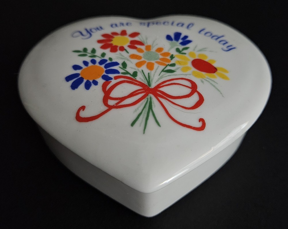 Heart Shaped Ceramic Trinket Box Hand Painted 