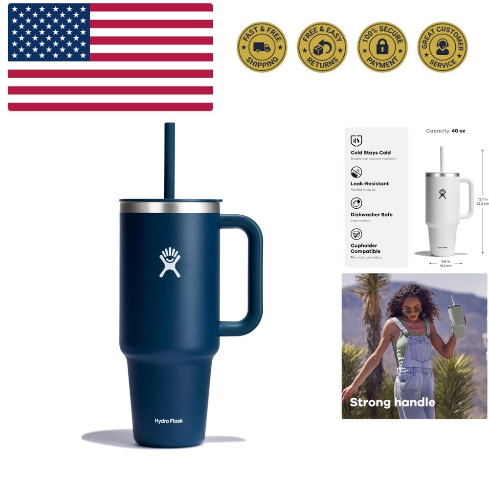 Travel Tumbler with Handle, Lid and Straw - Insulated Stainless Steel in 40 O...