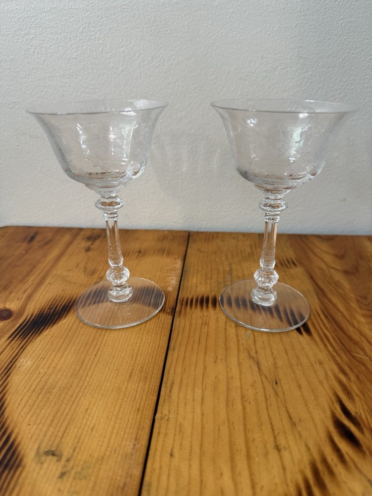 Set of 2 Etched Coupe Glasses Vintage Floral Stemware Cocktail Dessert Glasses