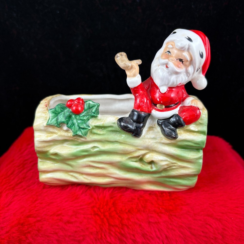 Vintage Ceramic Christmas Santa Smoking Pipe on Log Japan