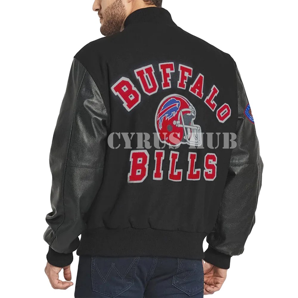 Buffalo Bills 90s Style Varsity Letterman Jacket - Wool Body & Leather Sleeves