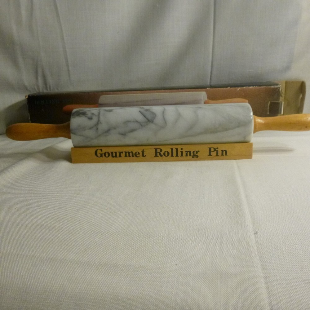 Gourmet Kitchen - Marble Rolling Pin with Wooden Cradle Holder & Handles