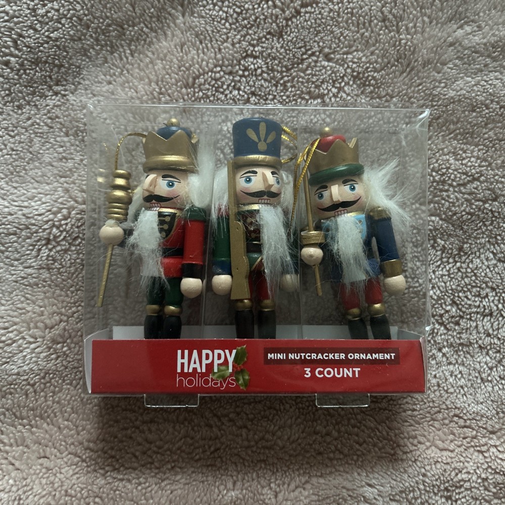 Wooden Mini Nutcracker Christmas Ornaments - 3 Count, Multicolor, 4 in Ht. Ea.