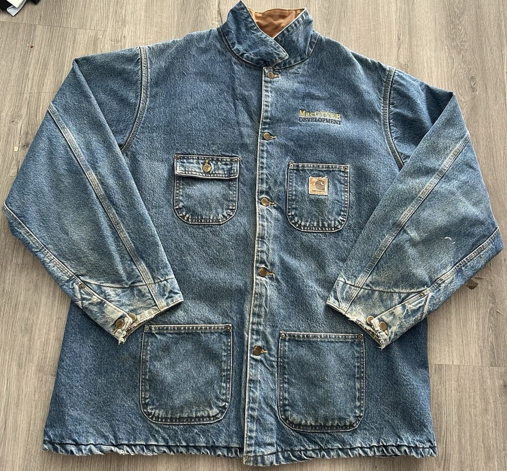 Vintage 00s Carhartt blue denim chore barn coat jacket with unique distressing