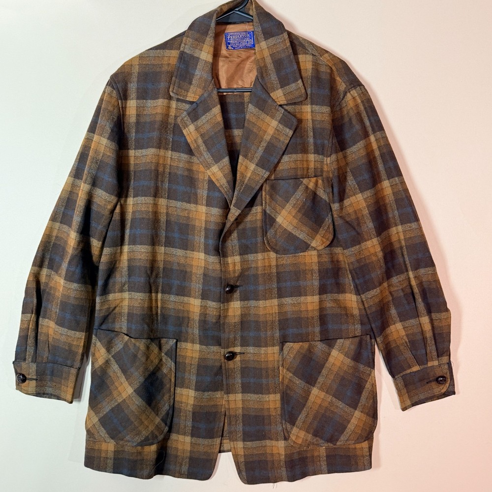 Vintage 1970s Pendleton Wool Chore Coat Blazer Brown Plaid Men's Medium M VTG