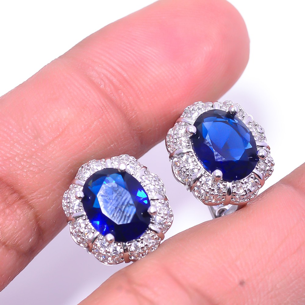 Blue Sapphire - Simulated & Cubic Zirconia 925 Sterling Silver Earring 0.59