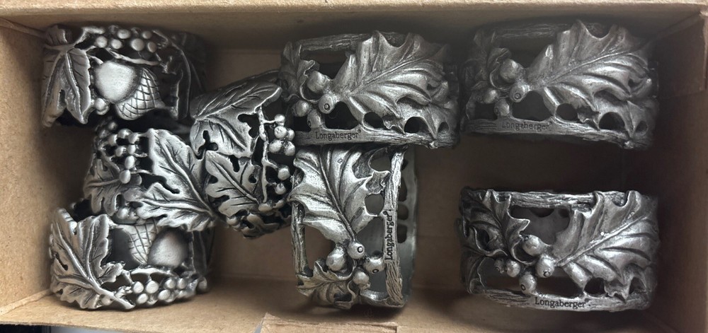 Longaberger American Holly & Falling Leaves Pewter Napkin Rings 2001 Boxed 77984