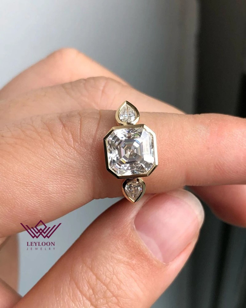 10K Gold Asscher Cut Three Stone Bezel Moissanite Ring D VVS