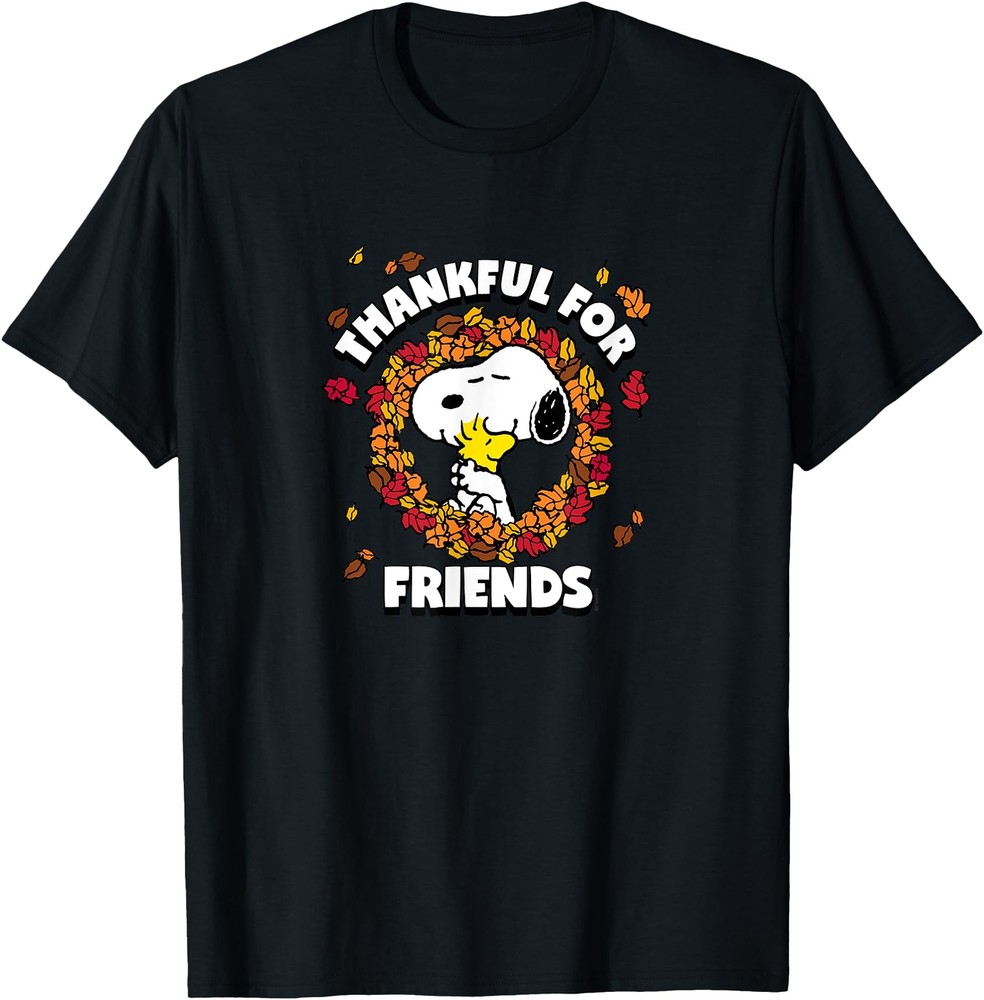 Peanuts   Snoopy Woodstock Thankful For Friends Leaf Circle T Shirt Men