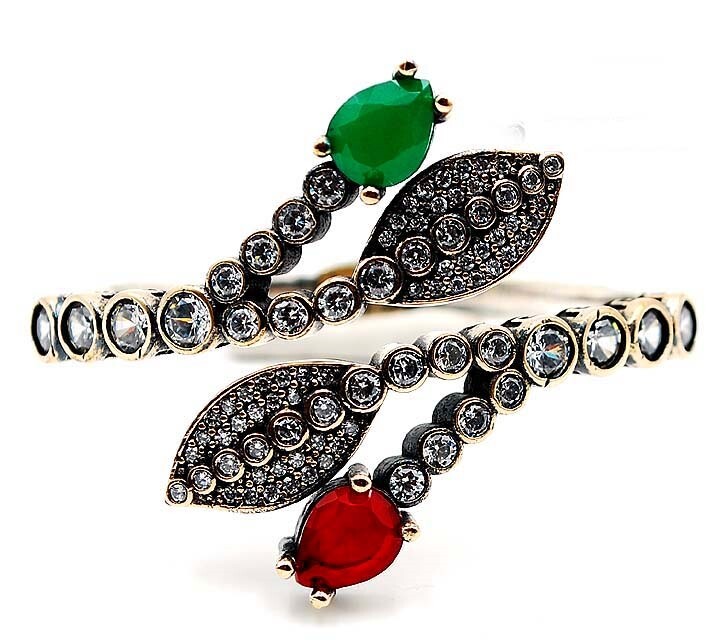Ottoman Empire Inspired 8CT Treated Emerald Ruby 925 Sterling Silver Bracelet