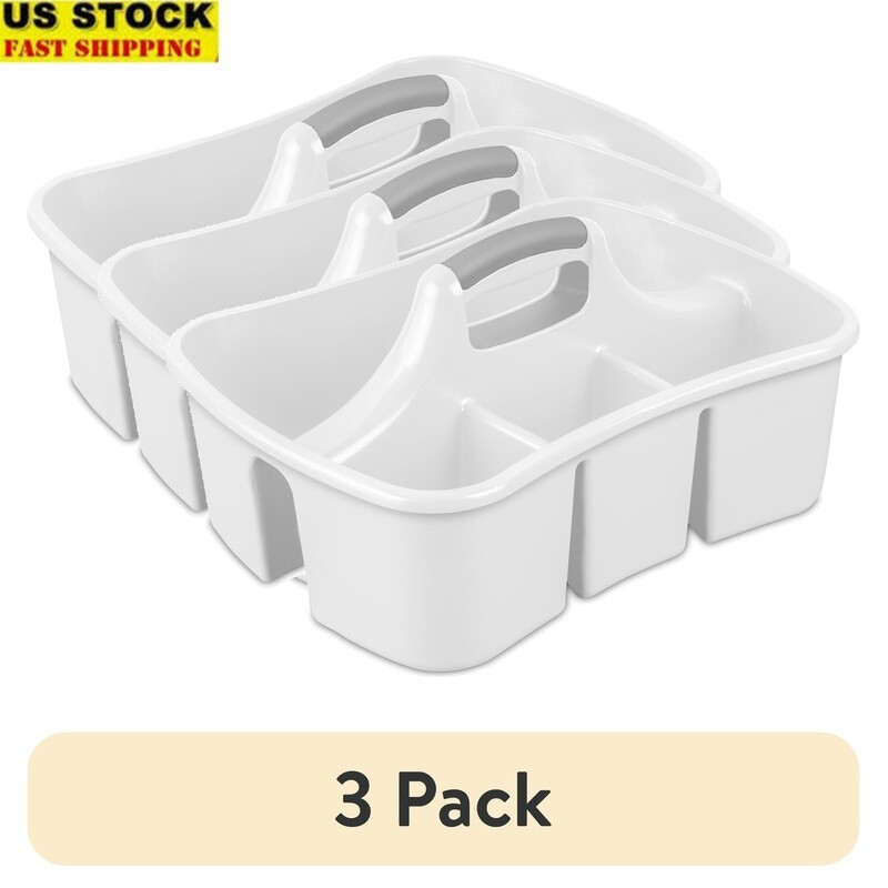 3-Pack White Plastic Divided Storage Caddy Organizer Bins Easy Carry