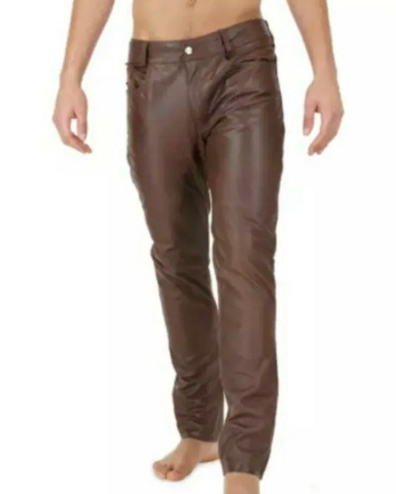 Mens Biker Jeans Real Brown Or  Cow Leather Sleek And Sexy 501 Style Pants New
