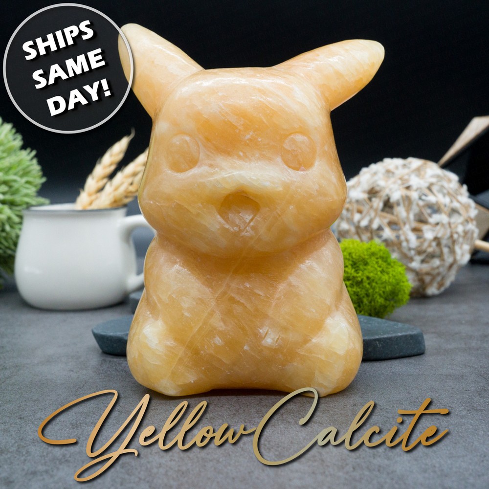 Big Yellow Calcite Crystal Gemstone Pikachu Figurine Carving Kids Cartoon Gift