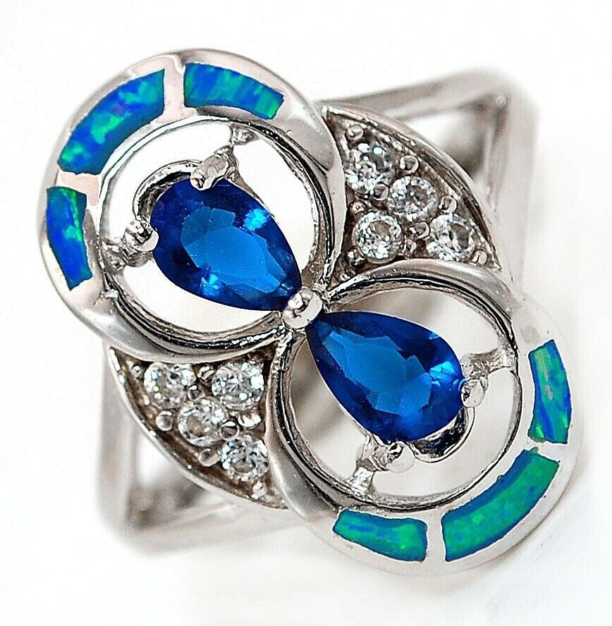 Treated Sapphire & Australian Opal 925 Sterling Silver Ring Size 7