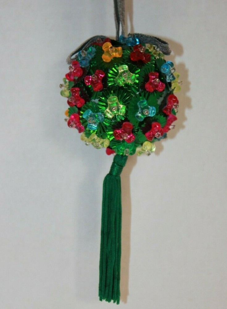 Vintage Handmade Bead & Sequin Small Green Christmas Ornament