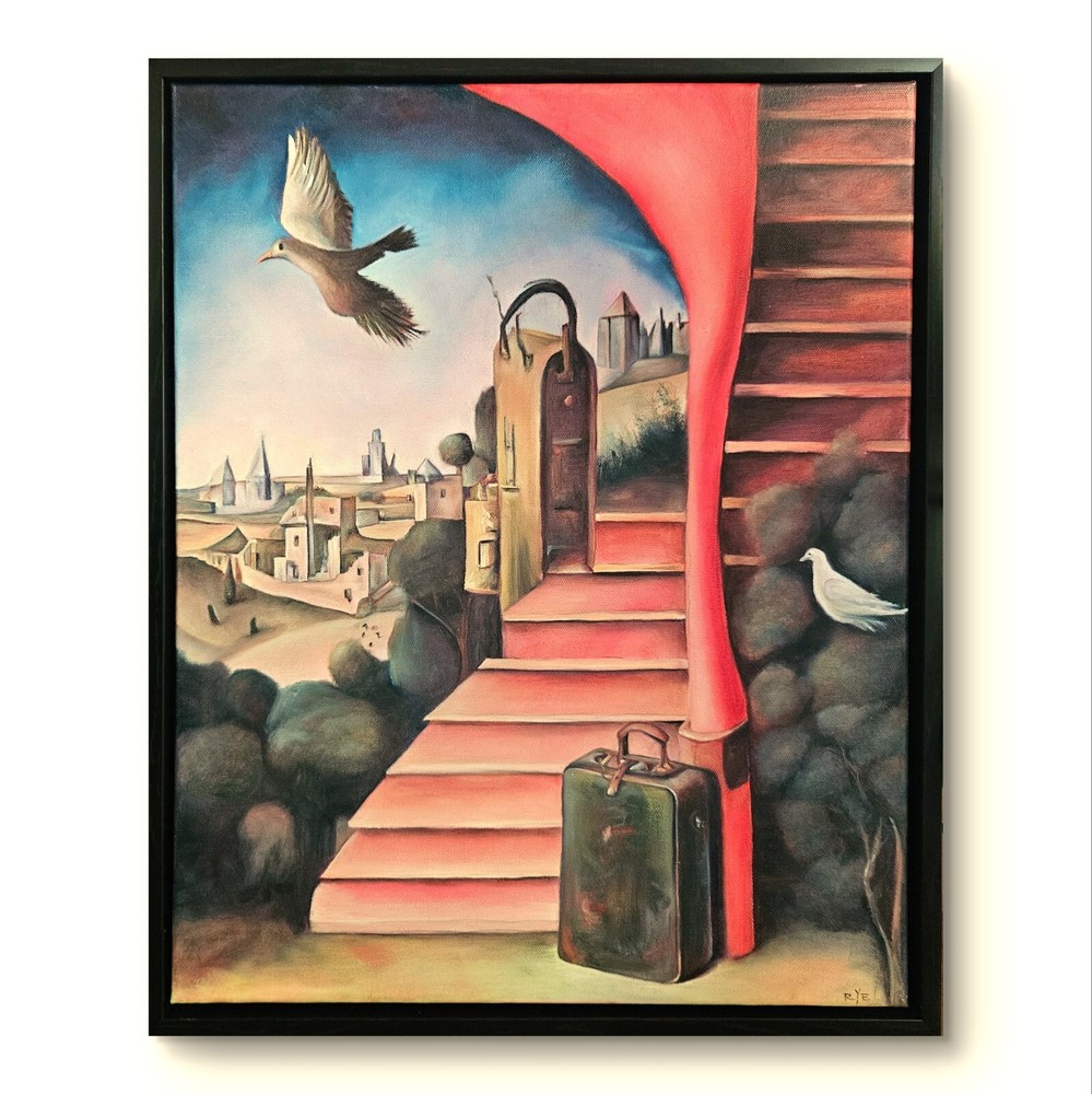 ORIGINAL Oil Painting Surreal Abstract Red Stairs Dove Vtg Style Framed Pop Art